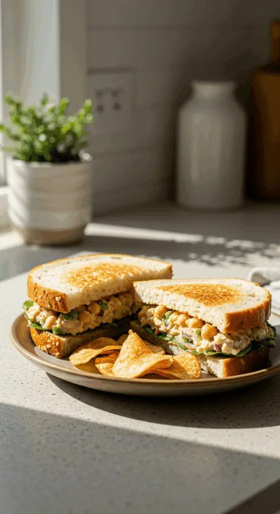 A beautiful plate of a homemade, healthy Chickpea Salad Sandwich being enjoyed with a side of crispy potato chips for a vibrant and healthy lunch.