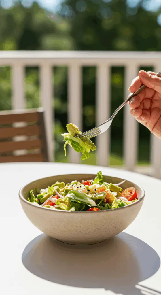 A beautiful bowl of homemade, healthy, and composed Cobb Salad being enjoyed for a vibrant and healthy lunch.