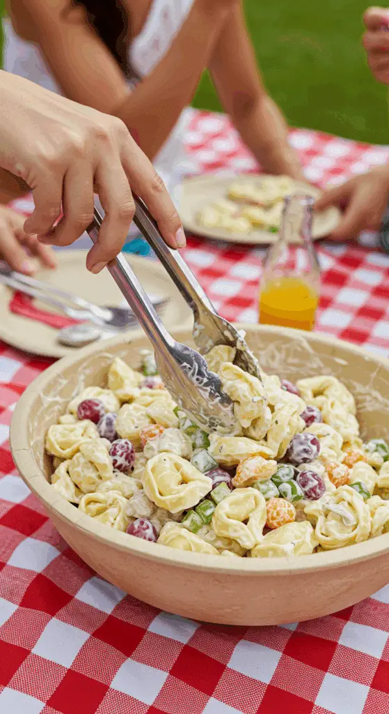 A large bowl of homemade, creamy Tortellini Salad being served at a fun summer picnic.