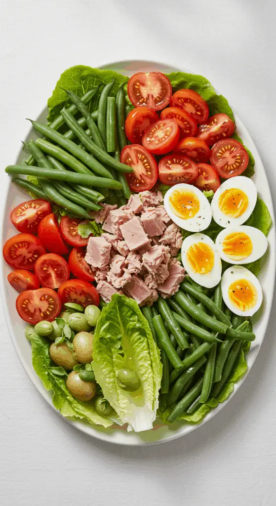 A beautiful, overhead shot of a homemade, classic, and composed Tuna Niçoise Salad, with all the ingredients arranged in neat rows on a platter.