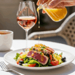 An elegant plate of homemade, composed Tuna Niçoise Salad being drizzled with a vinaigrette and enjoyed for lunch on a sunny patio.