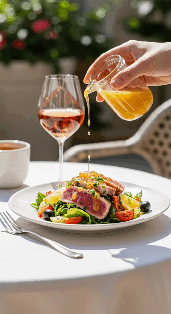 An elegant plate of homemade, composed Tuna Niçoise Salad being drizzled with a vinaigrette and enjoyed for lunch on a sunny patio.