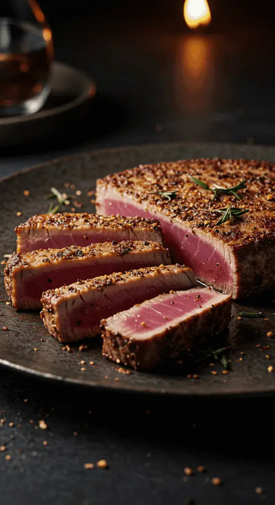 A beautiful, perfectly seared, homemade Tuna Steak, sliced to show the deep red, rare center and the herby crust.