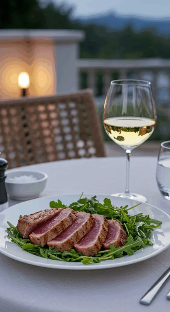 An elegant plate of homemade, sliced Seared Tuna Steak being served with a fresh salad and a glass of white wine.