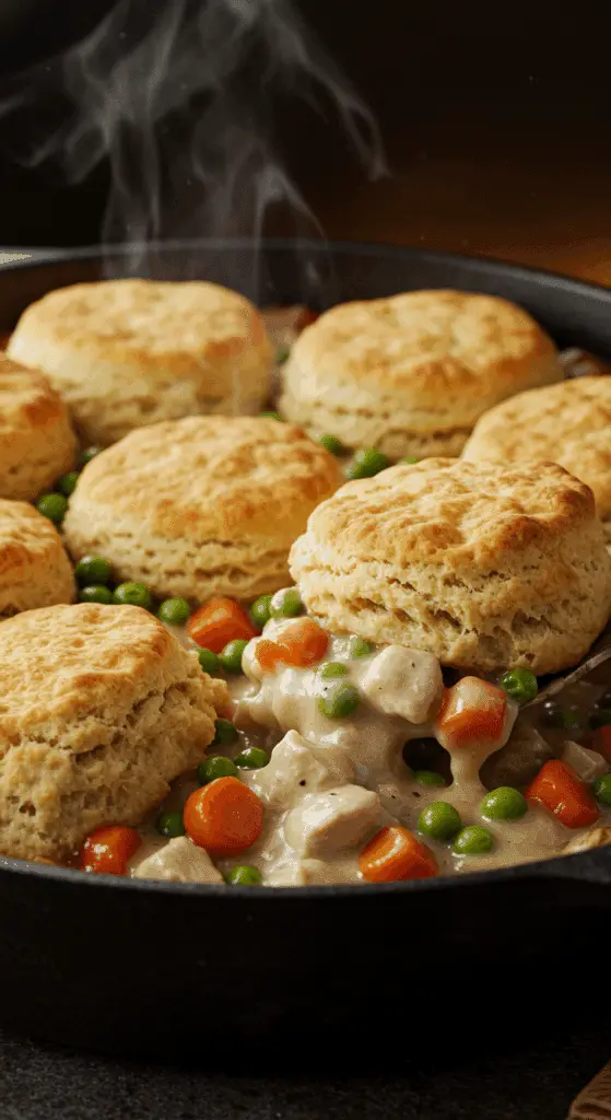A beautiful, rustic cast-iron skillet of homemade, creamy Turkey and Biscuit Casserole with a golden-brown, fluffy biscuit topping.