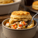 A cozy bowl of homemade, creamy Turkey and Biscuit Casserole with a fluffy biscuit broken open to show the creamy stew.