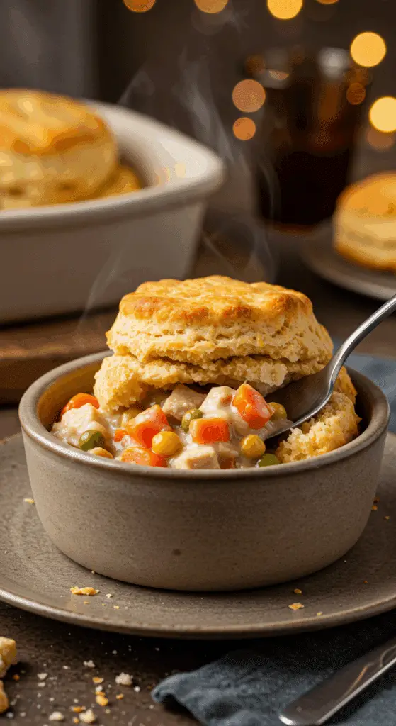 A cozy bowl of homemade, creamy Turkey and Biscuit Casserole with a fluffy biscuit broken open to show the creamy stew.