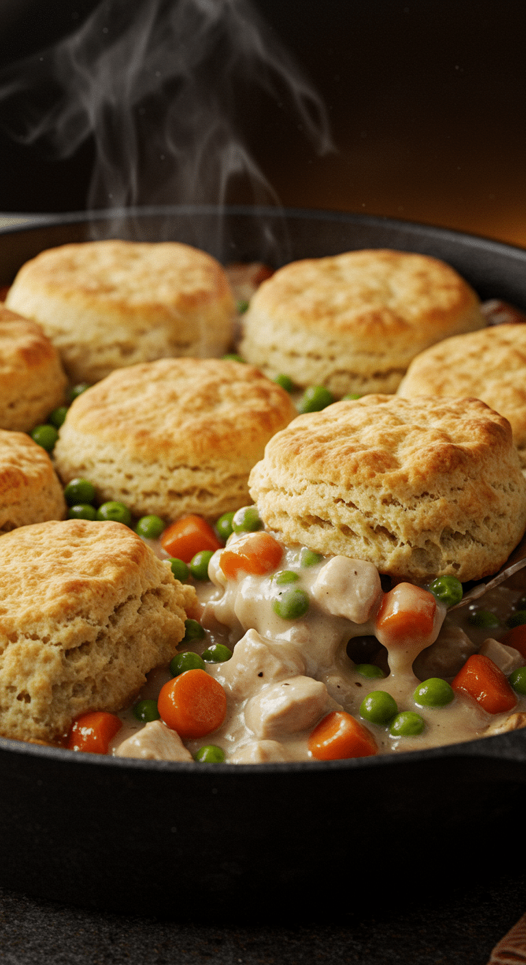 A beautiful, rustic cast-iron skillet of homemade, creamy Turkey and Biscuit Casserole with a golden-brown, fluffy biscuit topping.