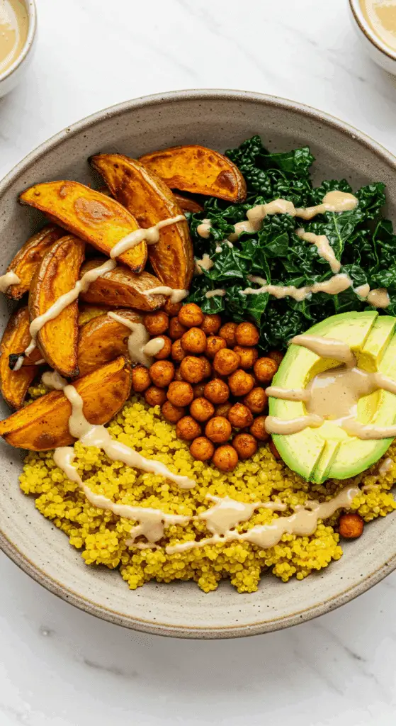 A beautiful, overhead shot of a homemade, healthy, and colorful Turmeric Quinoa Power Bowl, with roasted potatoes, crispy chickpeas, and a creamy tahini dressing.