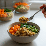 A beautiful bowl of a homemade, healthy Turmeric Quinoa Power Bowl being enjoyed with a fork for a vibrant and healthy lunch, with meal-prep containers in the background.