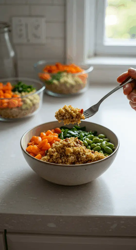 A beautiful bowl of a homemade, healthy Turmeric Quinoa Power Bowl being enjoyed with a fork for a vibrant and healthy lunch, with meal-prep containers in the background.