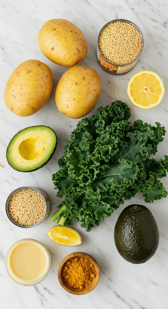 The simple, fresh ingredients for the healthy, from-scratch Turmeric Quinoa Power Bowl with a tahini dressing.