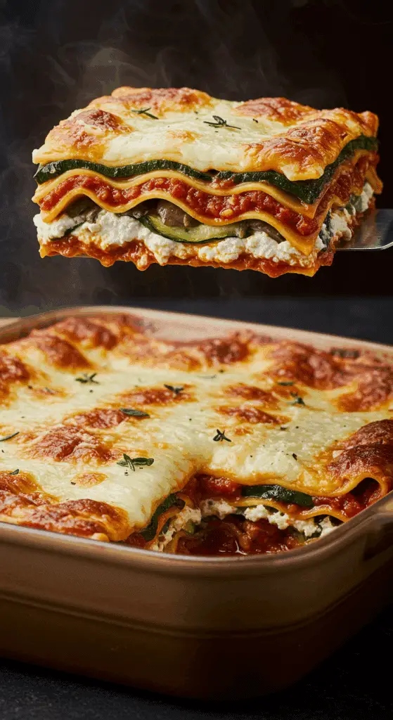 A beautiful, golden-brown homemade Vegetarian Lasagna in a baking dish with a perfect, cheesy, and multi-layered slice being lifted out.