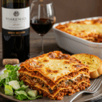 A tall, beautiful slice of homemade, layered Vegetarian Lasagna being served for a family dinner.
