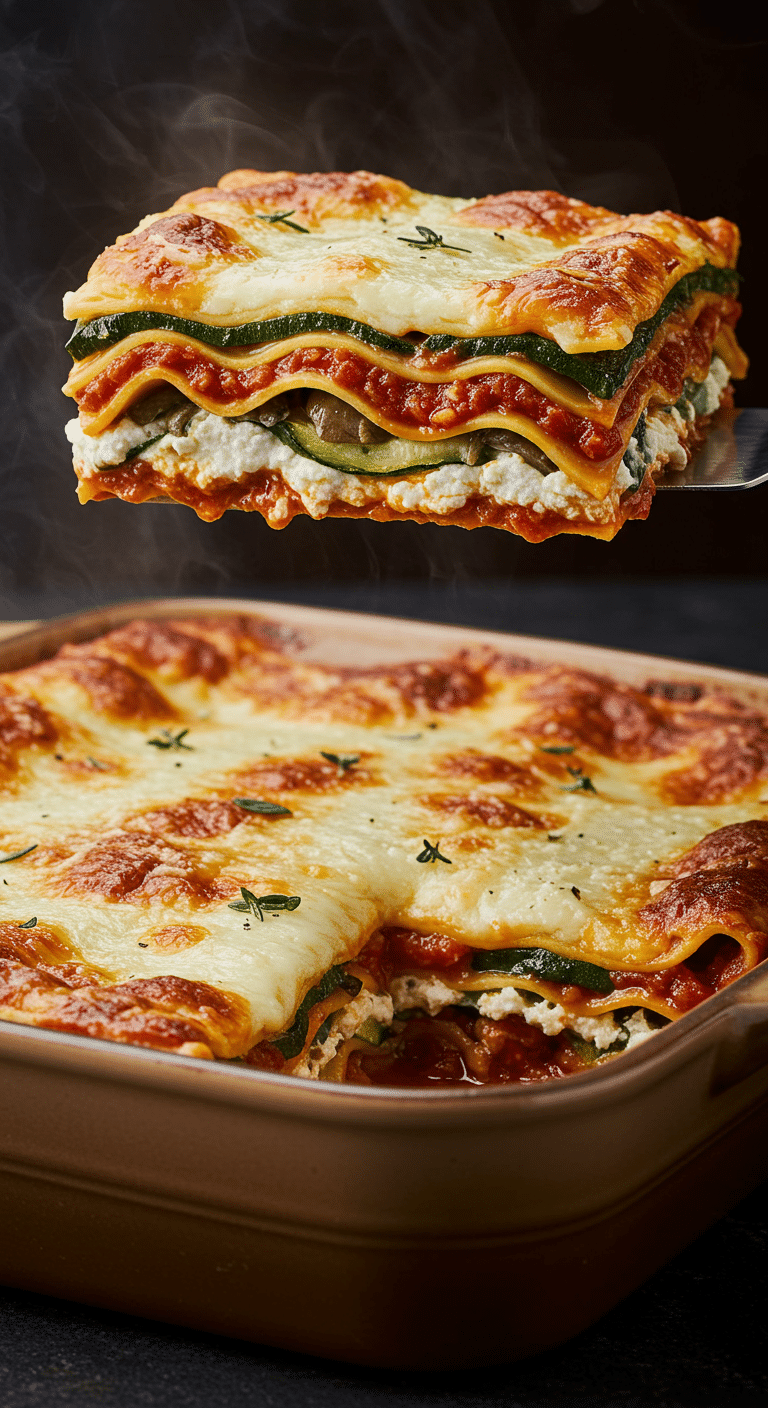 A beautiful, golden-brown homemade Vegetarian Lasagna in a baking dish with a perfect, cheesy, and multi-layered slice being lifted out.