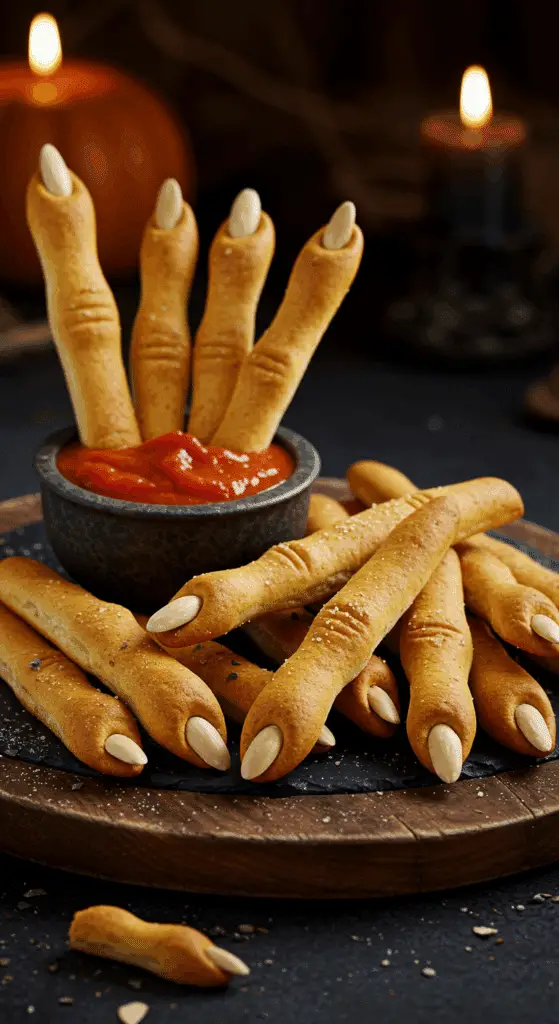 A beautiful, rustic platter of homemade, spooky, and golden-brown Witch Finger Breadsticks, with almond fingernails and a bowl of "bloody" marinara dip.
