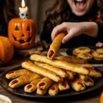 A large platter of homemade, spooky "Witch Finger" Breadsticks being served at a fun and casual Halloween party.
