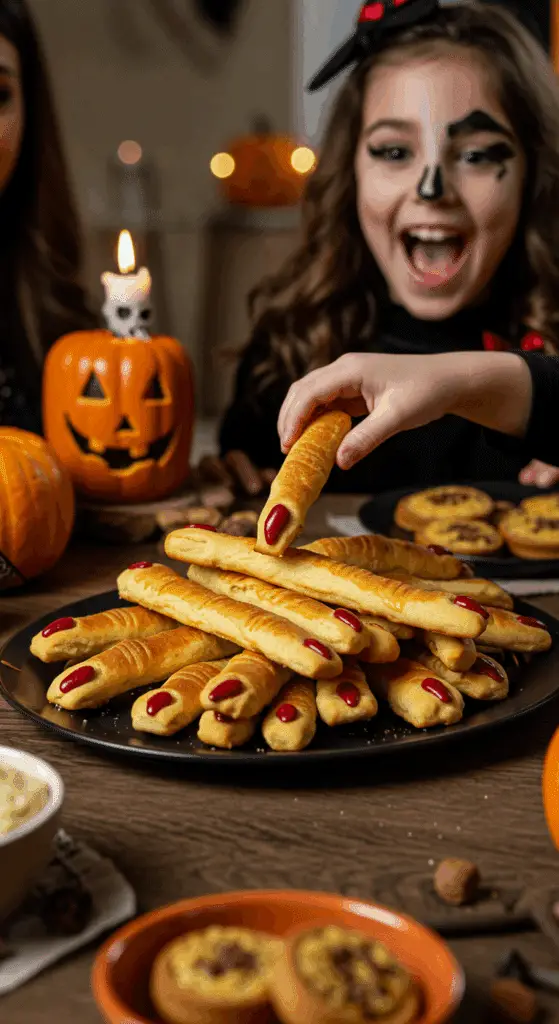 A large platter of homemade, spooky "Witch Finger" Breadsticks being served at a fun and casual Halloween party.