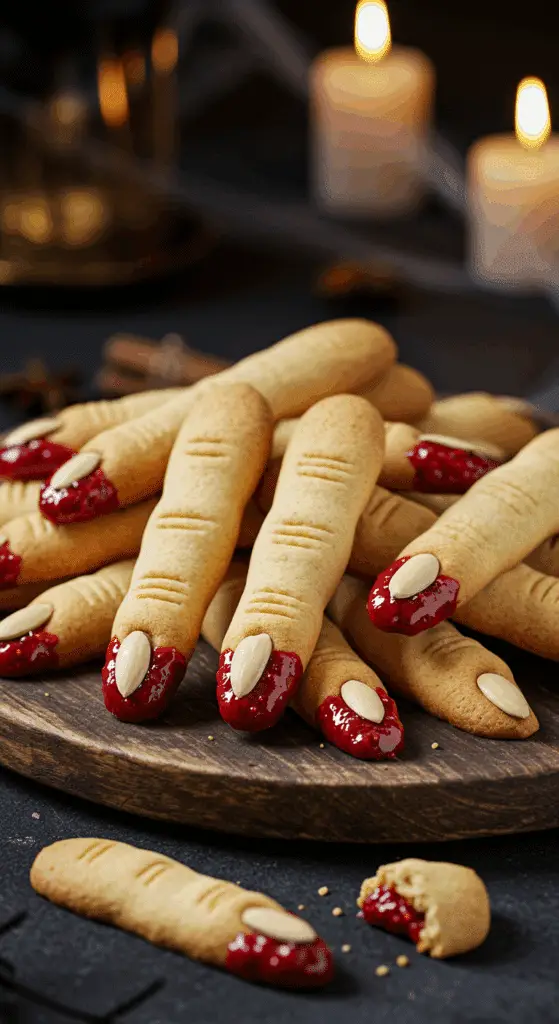 A beautiful, rustic platter of homemade, spooky, and realistic Witch Finger Cookies, with almond fingernails and "bloody" raspberry jam tips.