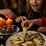 A large platter of homemade, spooky "Witch Finger" Cookies being served at a fun and casual Halloween party.