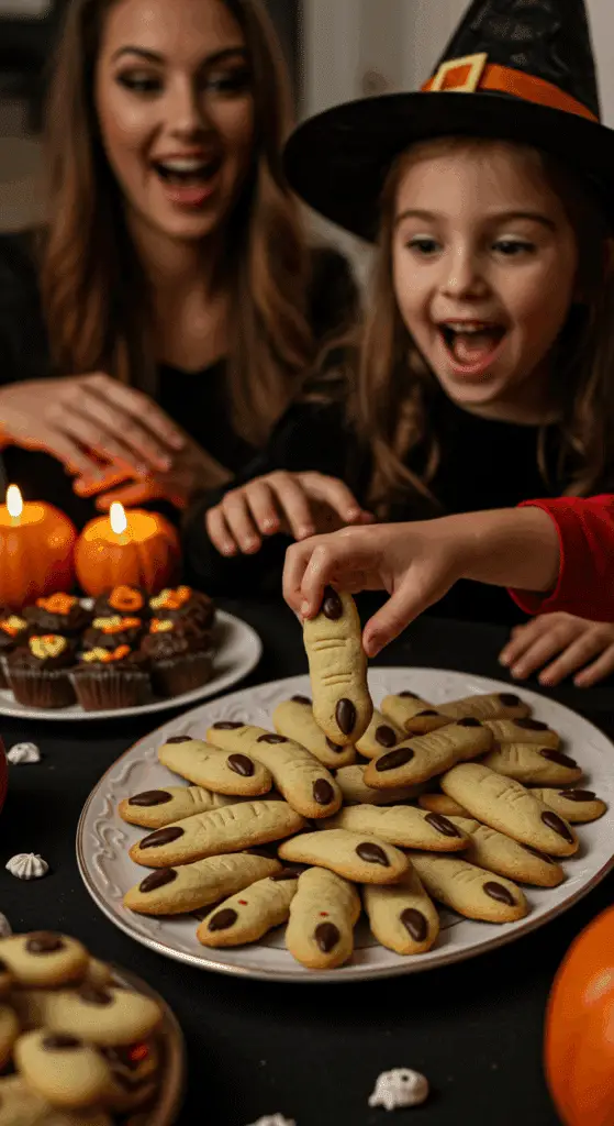 A large platter of homemade, spooky "Witch Finger" Cookies being served at a fun and casual Halloween party.