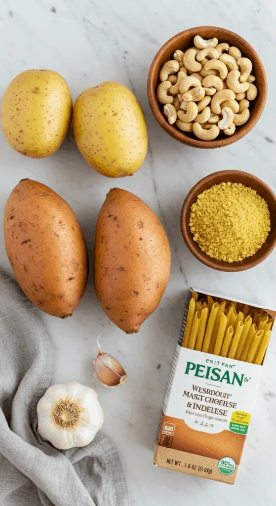 The simple, wholesome, plant-based ingredients for the healthy, from-scratch Creamy Vegan Mac and Cheese recipe.