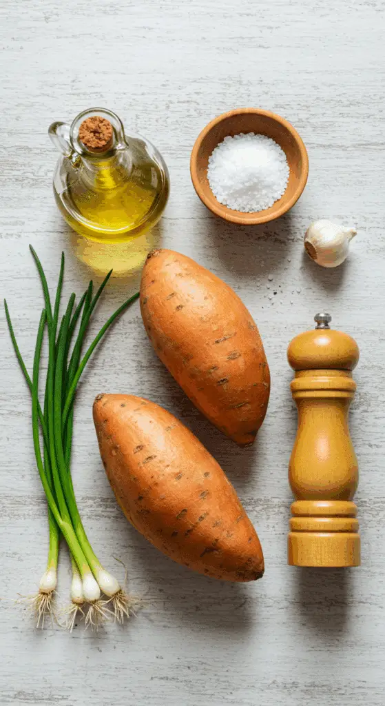 The simple, from-scratch ingredients for the classic and easy Air Fryer Sweet Potatoes.