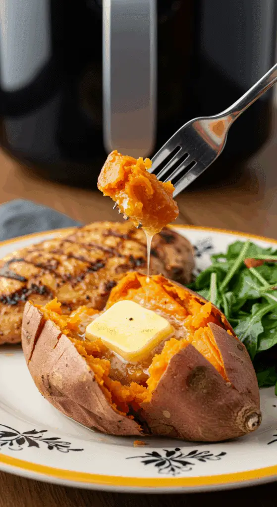 A beautiful plate of a homemade, elegant, and crispy Air Fryer Sweet Potato, being served with a grilled chicken breast and a green salad for a healthy dinner.