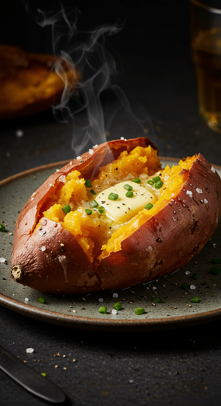 A beautiful, rustic plate with a homemade, easy, and crispy Air Fryer Sweet Potato, split open to show a fluffy interior with a melting pat of butter and fresh chives.