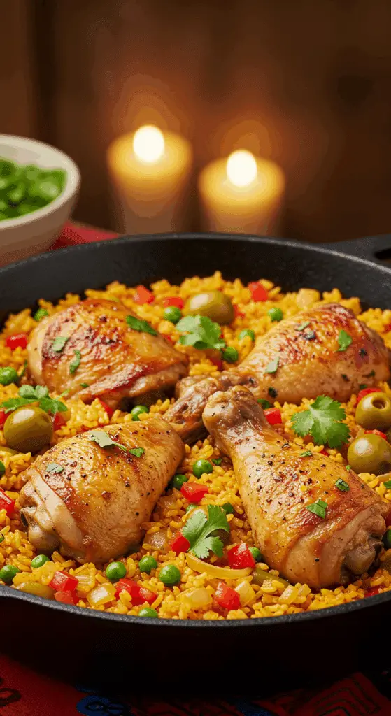 A beautiful, rustic cast-iron skillet of homemade, authentic, one-pan Arroz con Pollo, with golden-brown, crispy-skinned chicken and a vibrant, yellow-orange rice.