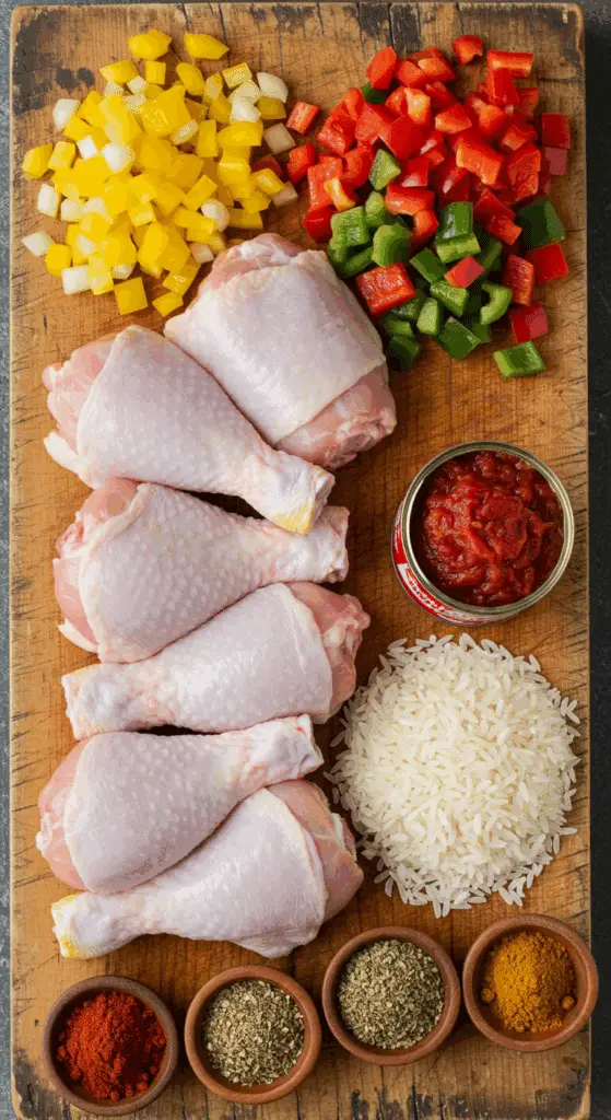 The simple, fresh ingredients for the classic and authentic one-pan Arroz con Pollo recipe.