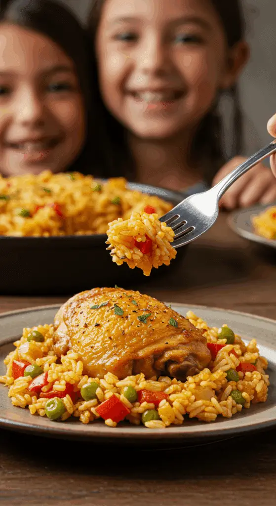 A hearty plate of homemade, authentic Arroz con Pollo being served for a casual family dinner.
