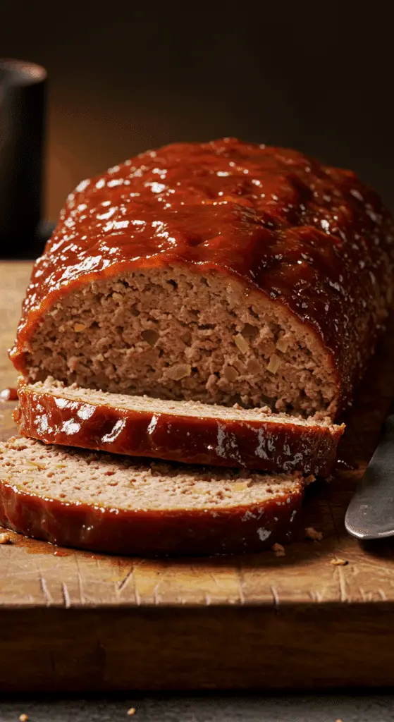 A beautiful, rustic cutting board with a homemade, moist, and glossy, glazed BBQ Meatloaf, with a perfect, thick, and juicy slice cut from the end.