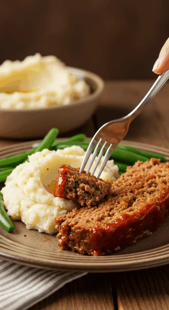 A beautiful plate of a homemade, thick, and saucy slice of BBQ Meatloaf, served with creamy mashed potatoes and green beans for a family dinner.