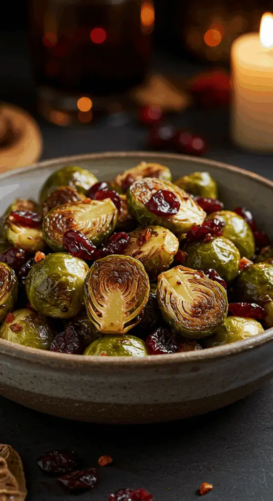 A beautiful, rustic bowl of homemade, crispy, and caramelized Balsamic-Glazed Brussels Sprouts, tossed with a glossy balsamic glaze and red dried cranberries.