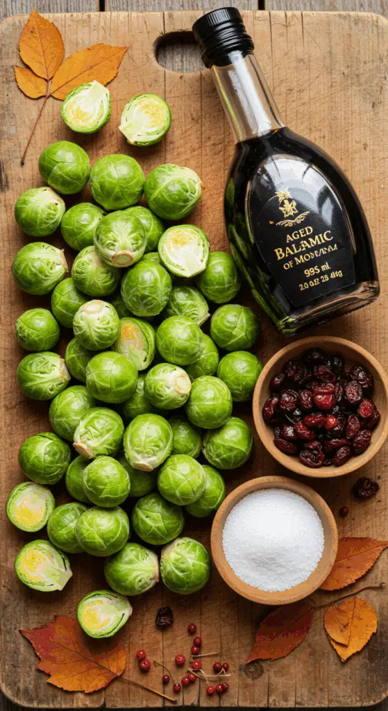 The simple, fresh ingredients for the classic and easy Balsamic-Glazed Brussels Sprouts recipe with cranberries.