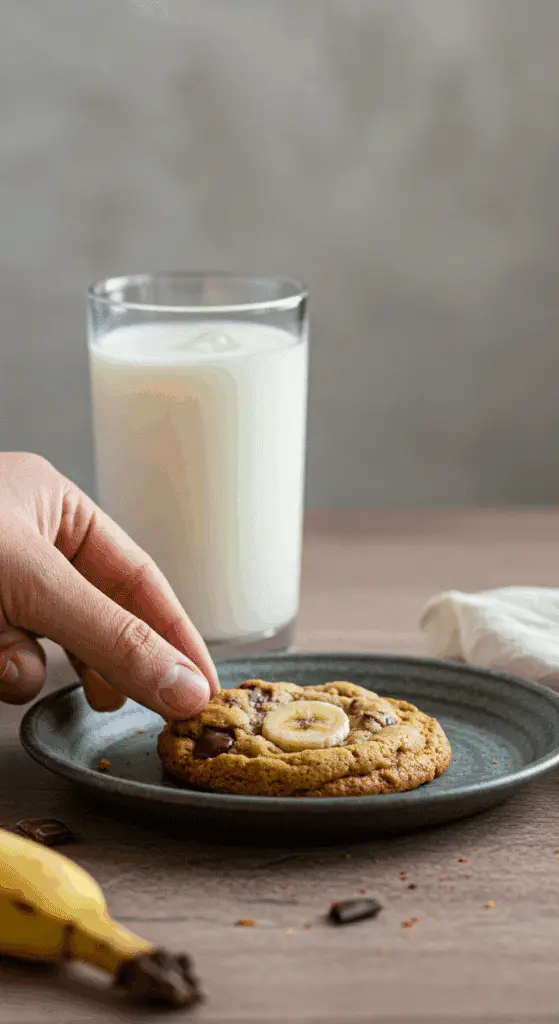 A hand reaching to take a warm, homemade Banana Chocolate Chip Cookie from a plate that is next to a tall, cold glass of milk.