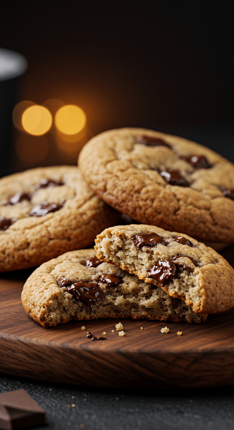 A beautiful, rustic platter of homemade, soft and chewy Banana Chocolate Chip Cookies, with one cookie broken in half to show the moist, cake-like interior.