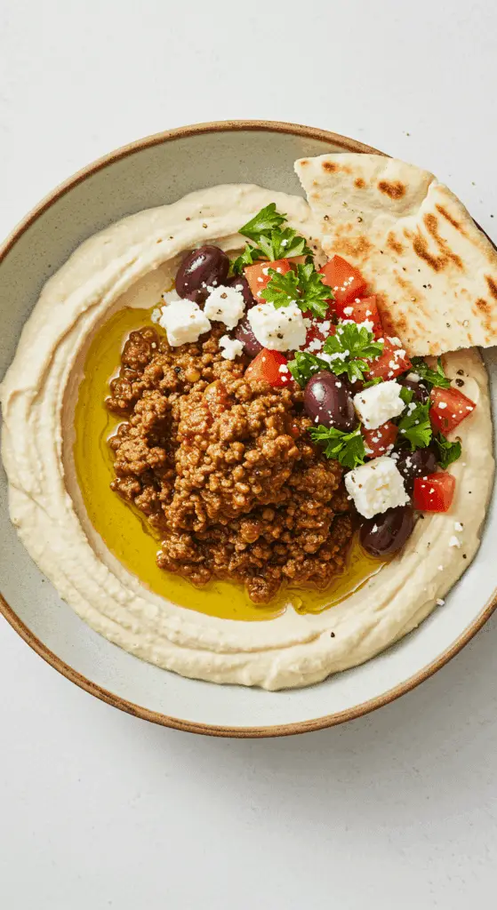 A beautiful, overhead shot of a homemade, easy Ground Beef Hummus Bowl, with a large scoop of spiced ground beef, and a colorful medley of fresh toppings like feta and tomatoes.