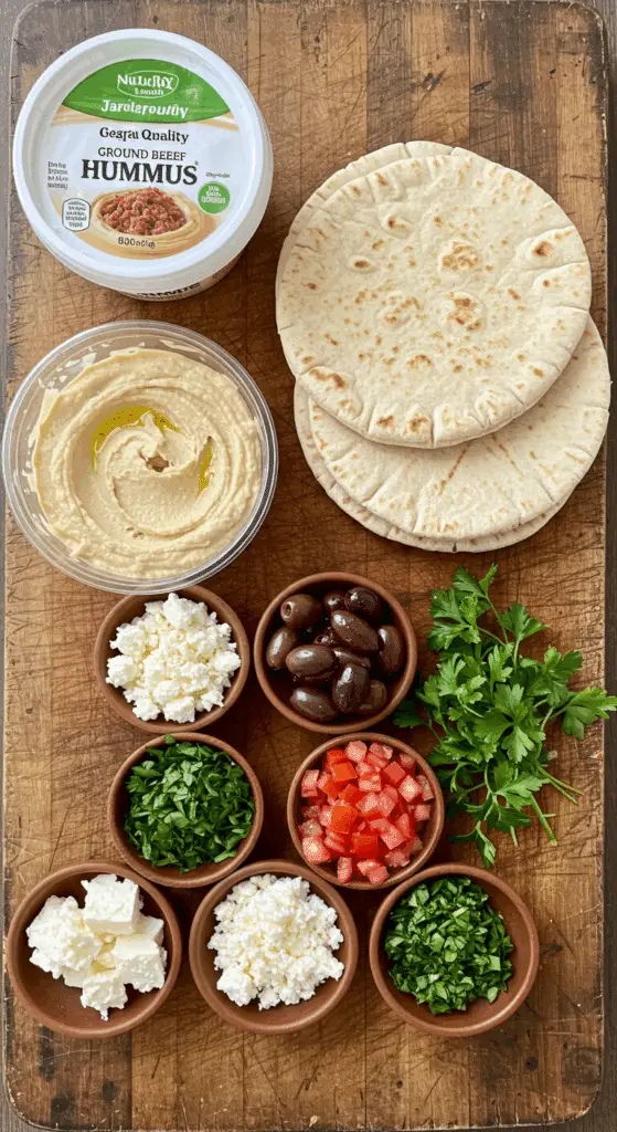 The simple, fresh ingredients for the classic and easy 10-Minute Ground Beef Hummus Bowls.
