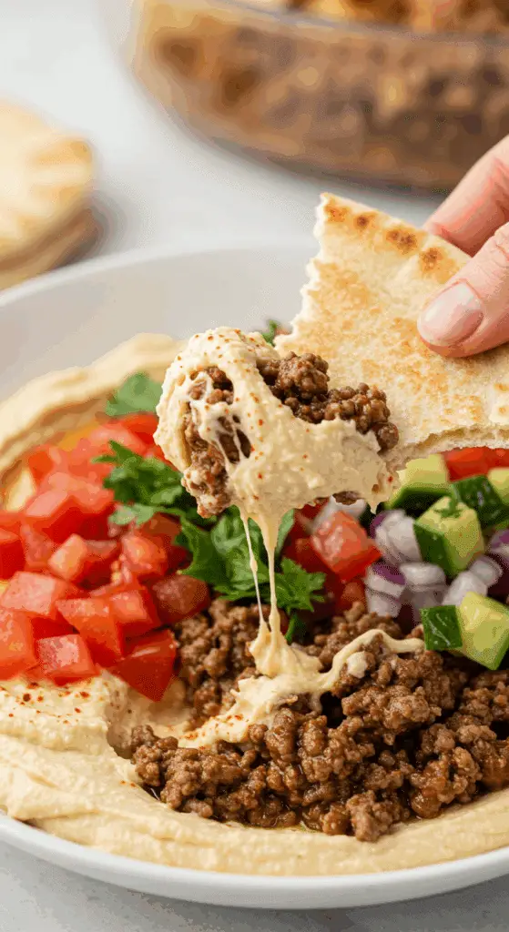 A piece of a torn pita bread being used to scoop up a delicious bite of a homemade Ground Beef Hummus Bowl at a casual family dinner.