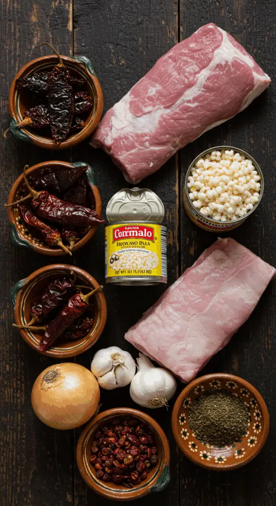 The simple, from-scratch ingredients for the classic and authentic Posole Rojo.