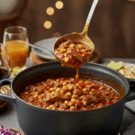 The large, homemade, impressive Dutch oven of Posole Rojo being served as the centerpiece at a fun and festive dinner party.