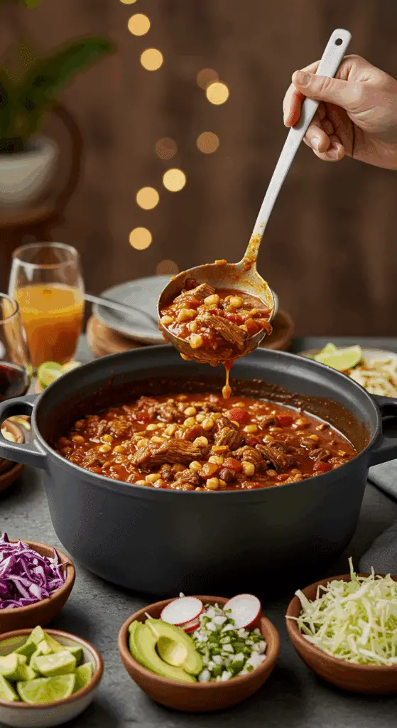 The large, homemade, impressive Dutch oven of Posole Rojo being served as the centerpiece at a fun and festive dinner party.