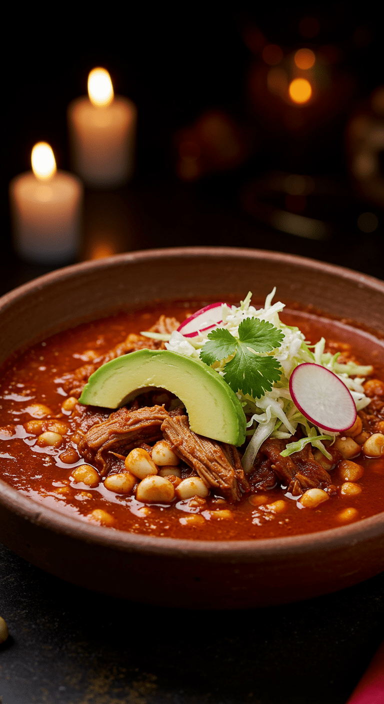 A beautiful, rustic bowl of homemade, authentic Posole Rojo, with a rich red broth, tender shredded pork, and a colorful array of fresh garnishes.