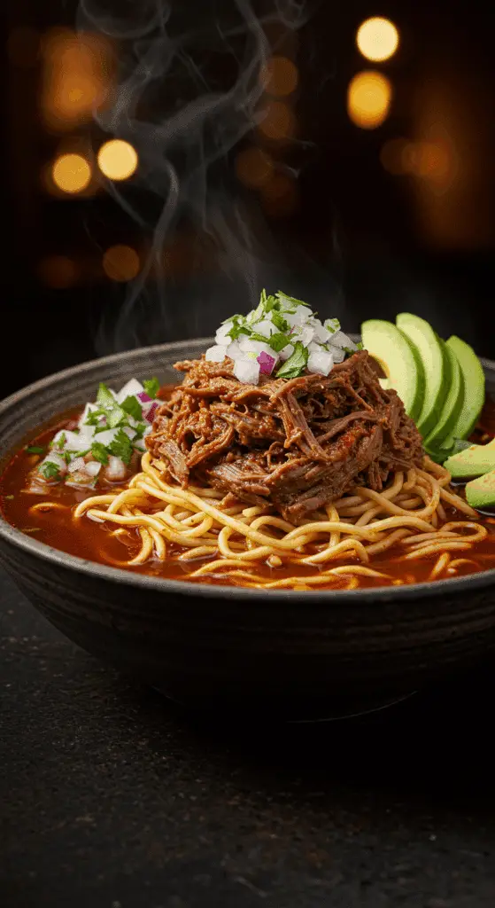 A beautiful, rustic bowl of homemade, authentic Birria Ramen, with tender shredded beef, a rich red consommé, and fresh toppings like avocado and cilantro.