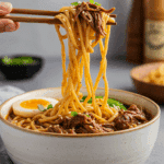 A cozy bowl of homemade, authentic Birria Ramen being enjoyed with chopsticks for a casual dinner.