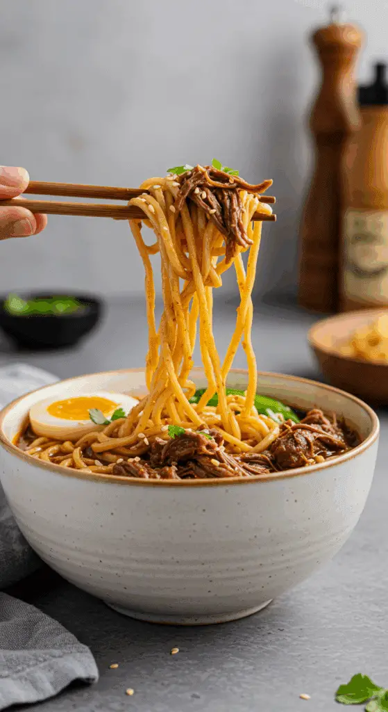 A cozy bowl of homemade, authentic Birria Ramen being enjoyed with chopsticks for a casual dinner.