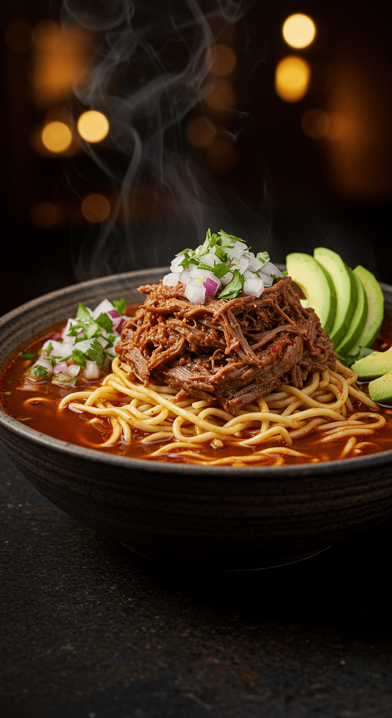 A beautiful, rustic bowl of homemade, authentic Birria Ramen, with tender shredded beef, a rich red consommé, and fresh toppings like avocado and cilantro.