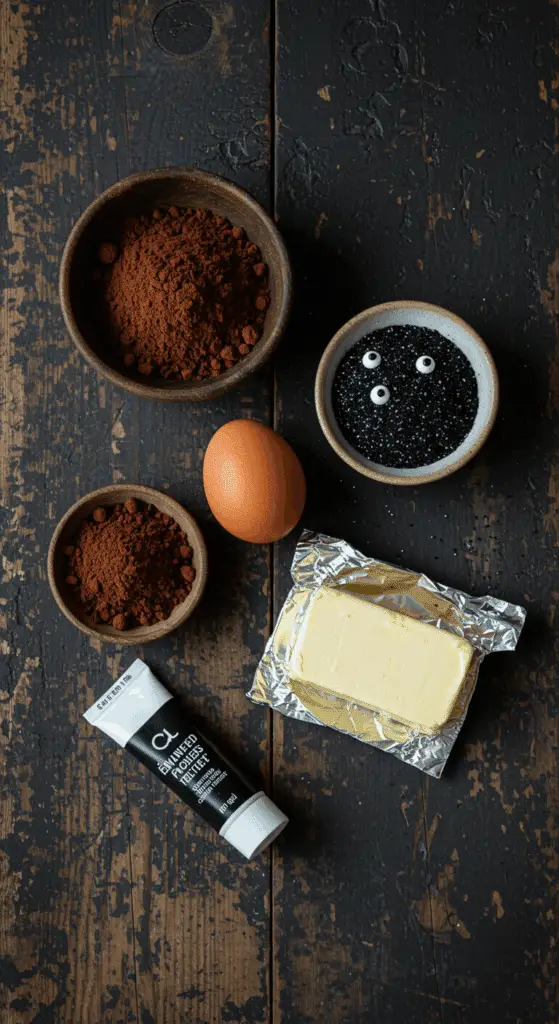 The simple, from-scratch ingredients for the easy and spooky Black Cocoa Ghost Cupcakes recipe.